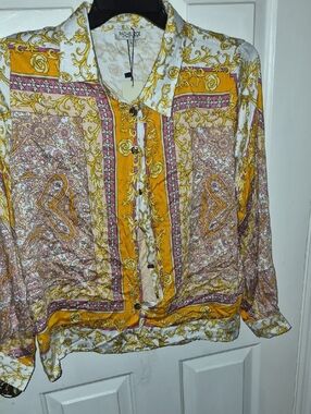 Rachel Zoe Yellow & Pink Baroque Silk Button-Down Blouse
